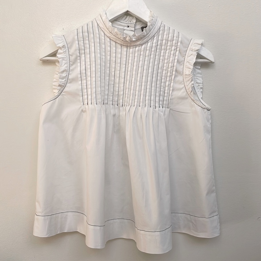 Vince Camuto White Cotton Ruffle Sleeveless Shirt. Size XS